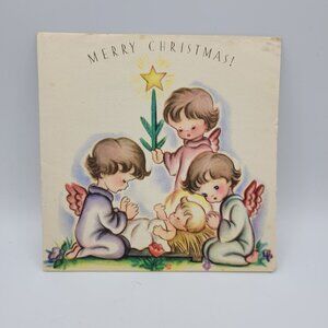 Vintage Merry Christmas Card With Angels & Baby Jesus Illustration